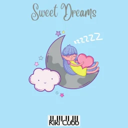 A song cover art image of a purple-haired fairy sleeping on a gray half-moon holding a heart with a smiling cloud under the moon against a light blue background. A logo with the words "Kiki Cubb" and black and white piano keys is at the bottom.